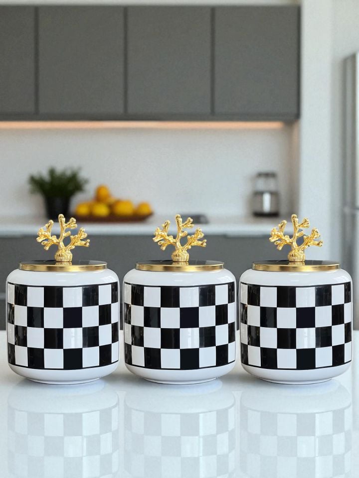 Baharatlık Seramik 3 lü Oval Mega Boy Kahve Köşesi Seti 1400 ml Hacimli Siyah Damalı (Çay,Kahve,Şeker) Gold
