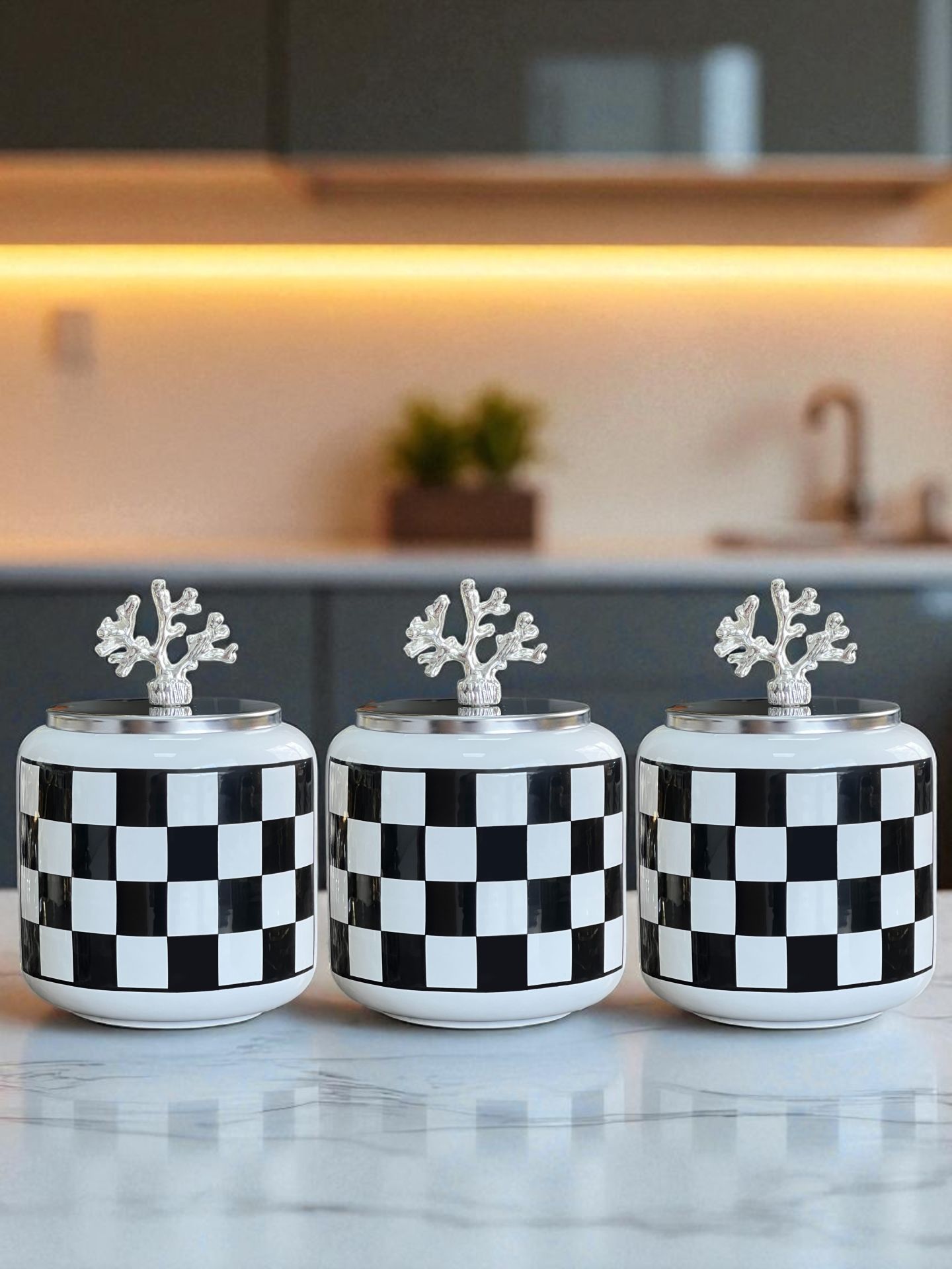 Baharatlık Seramik 3 lü Oval Mega Boy Kahve Köşesi Seti 1400 ml Hacimli Siyah Damalı (Çay,Kahve,Şeker) GÜMÜŞ