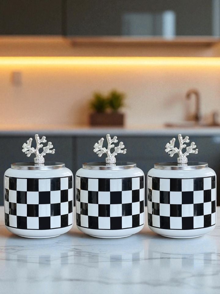 Baharatlık Seramik 3 lü Oval Mega Boy Kahve Köşesi Seti 1400 ml Hacimli Siyah Damalı (Çay,Kahve,Şeker) GÜMÜŞ