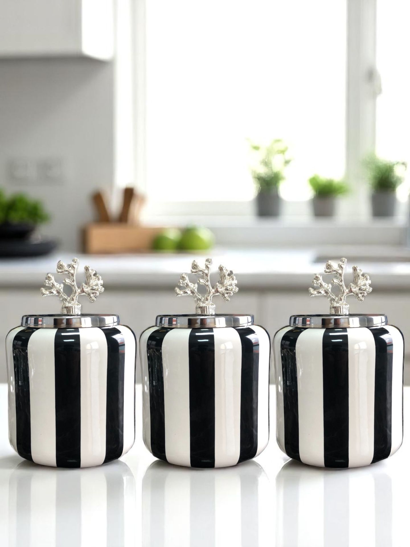 Baharatlık Seramik 3 lü Oval Mega Boy Kahve Köşesi Seti 1400 ml Hacimli Siyah Dik Çizgi (Çay,Kahve,Şeker) GÜMÜŞ