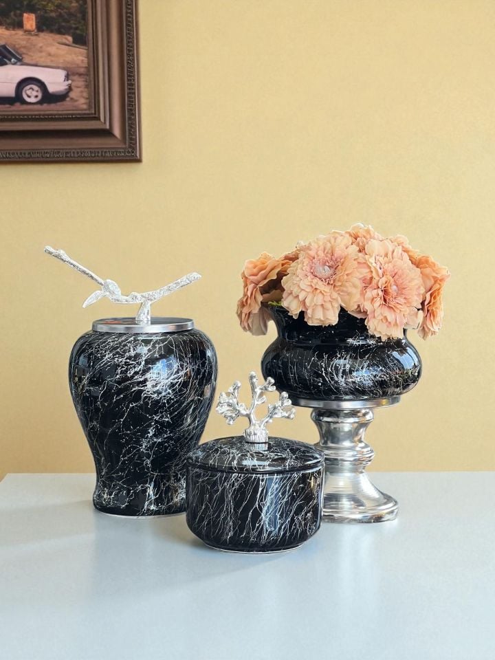 Dekoratif Obje Salon Seti Siyah Mermer Ayaklı Saksı Siyah Mermer Şah Siyah Mermer Kutu GÜMÜŞ