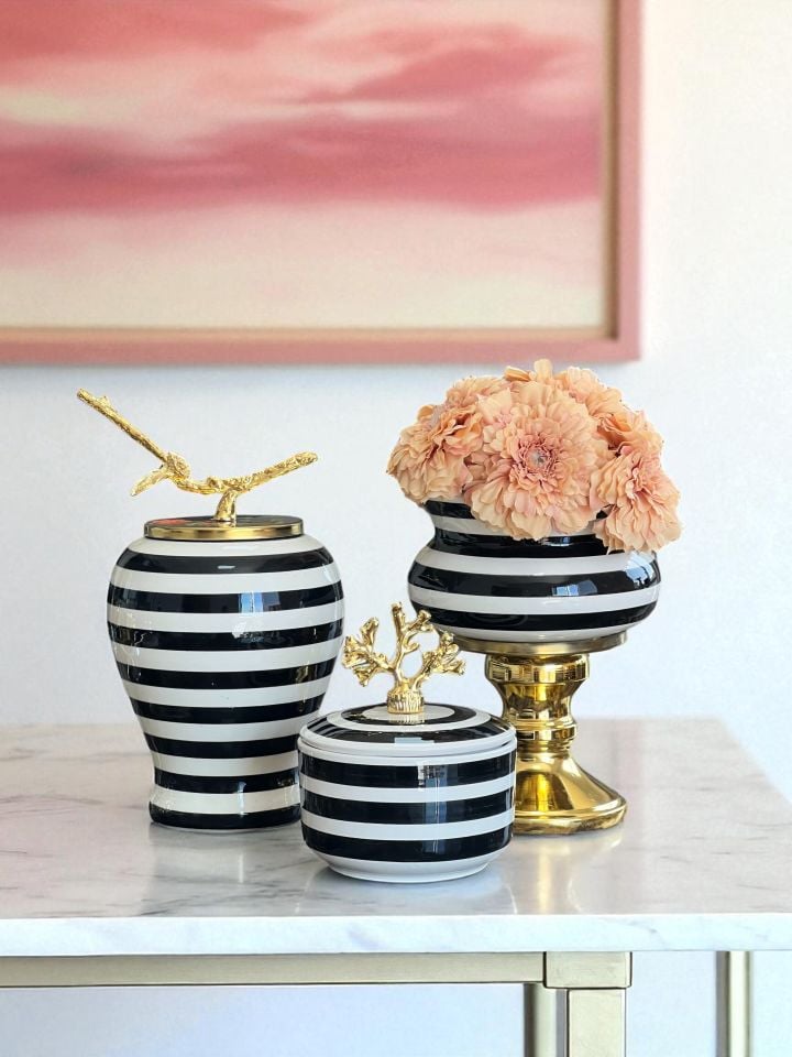 Dekoratif Obje Salon Seti Siyah Zebra Ayaklı Saksı Siyah Zebra Şah Siyah Zebra Kutu Gold