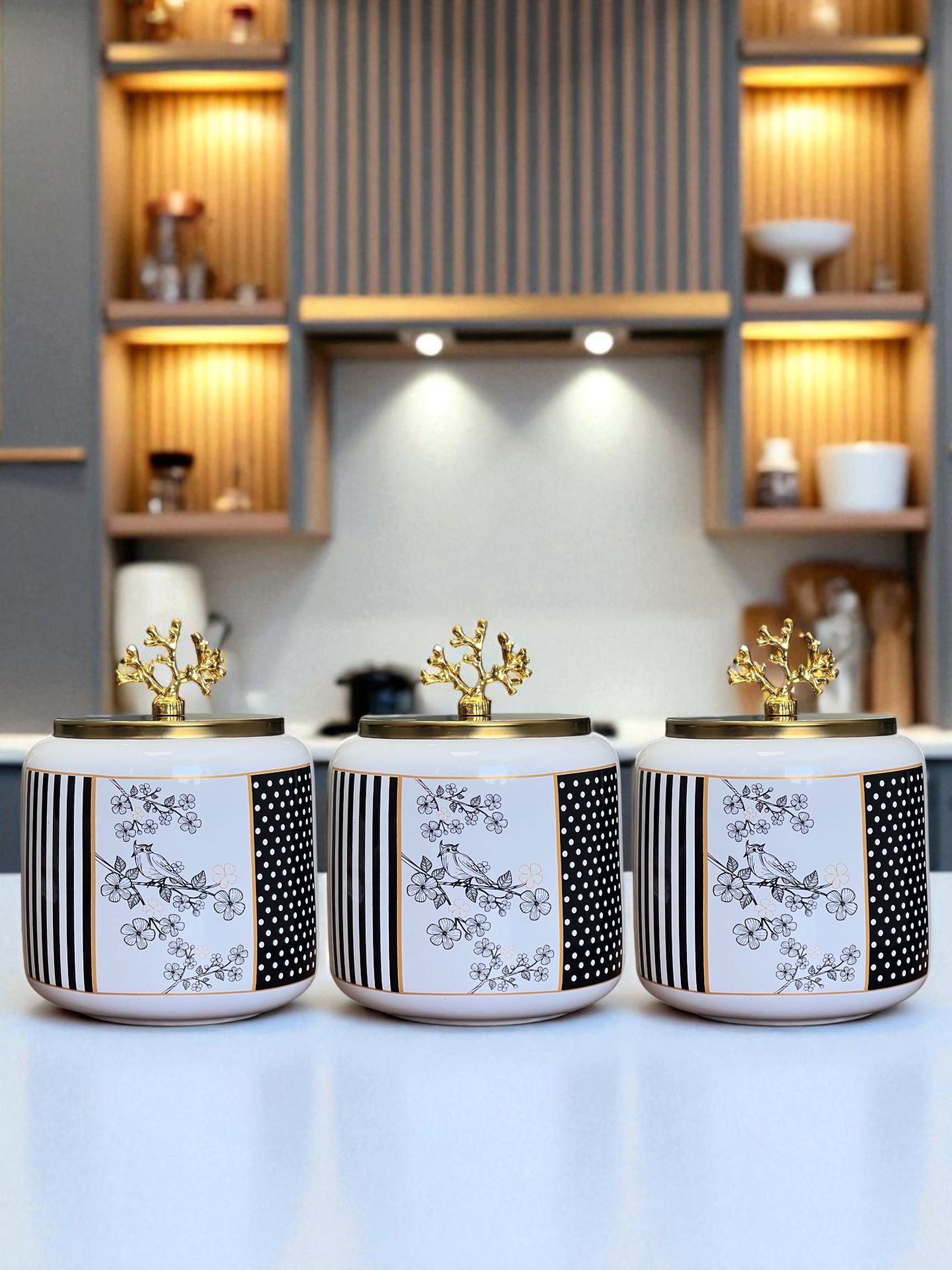 Baharatlık 3 lü Oval Büyük Boy Kahve Köşesi Seti 1400 ml (Çay,Kahve,Şeker) flower Desen Gold