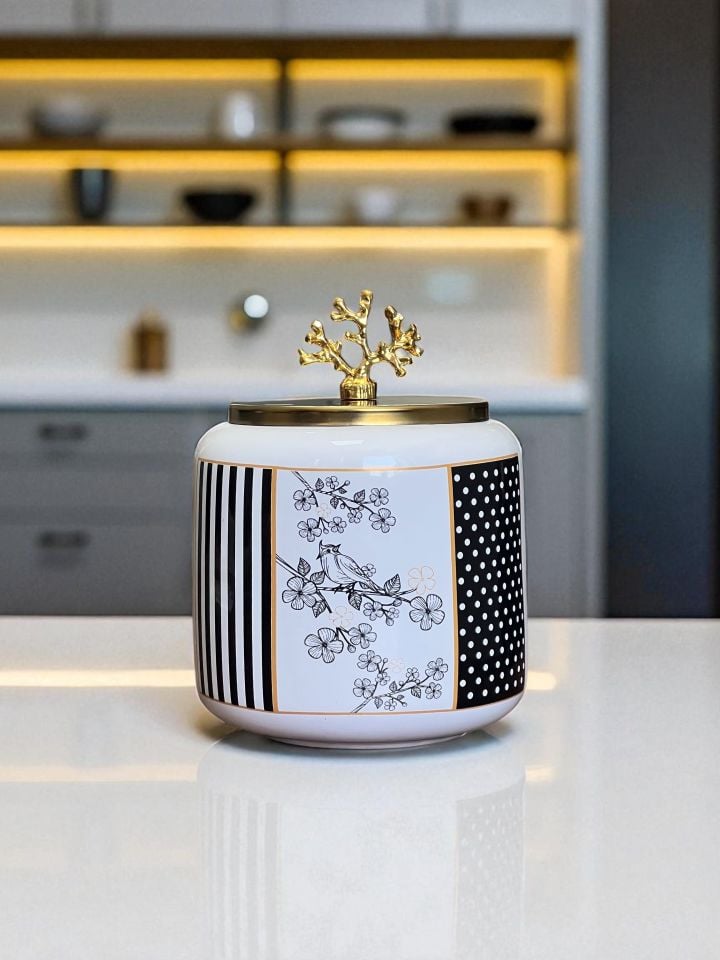 Baharatlık 3 lü Oval Büyük Boy Kahve Köşesi Seti 1400 ml (Çay,Kahve,Şeker) flower Desen Gold