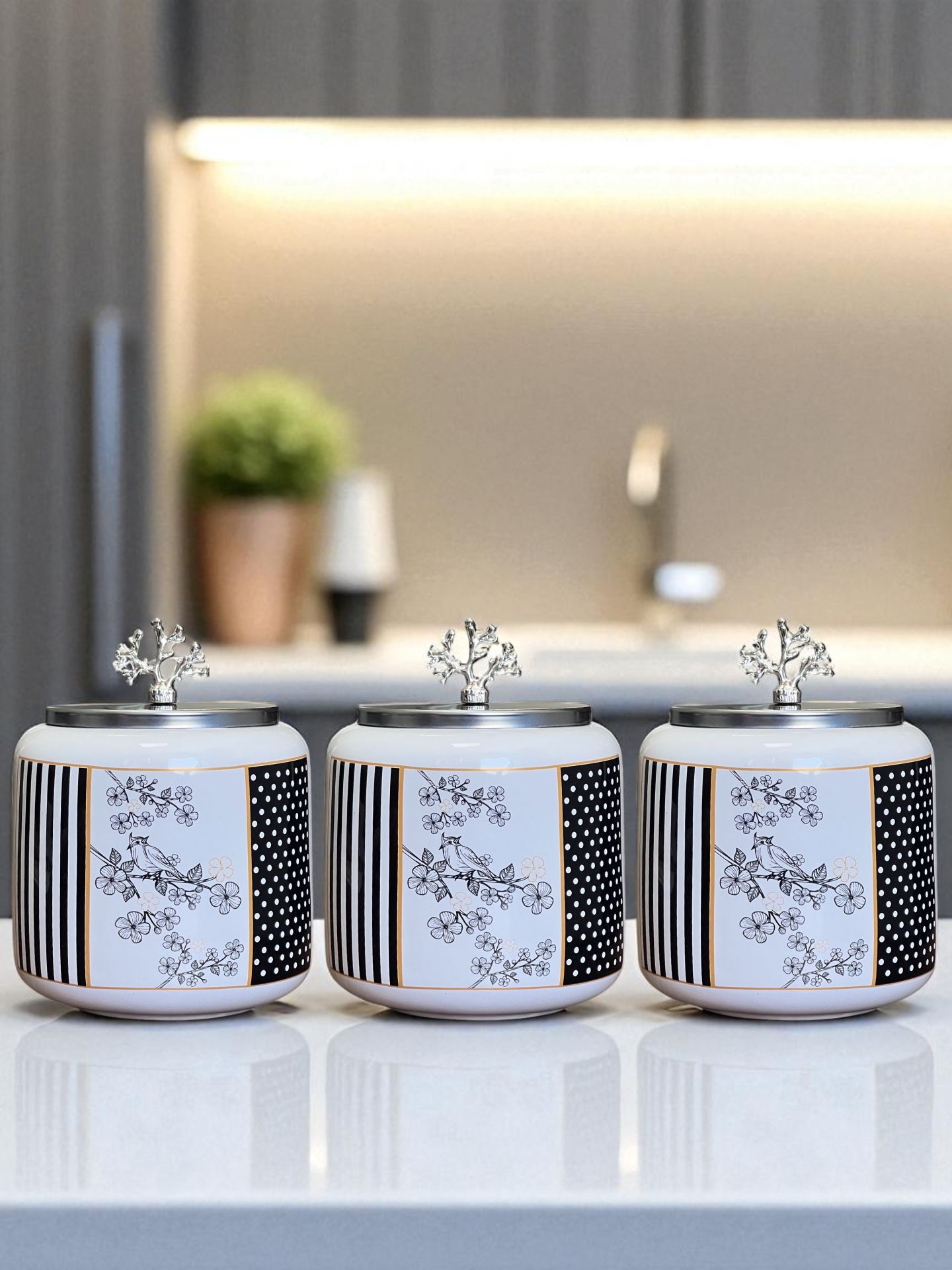 Baharatlık 3 lü Oval Büyük Boy Kahve Köşesi Seti 1400 ml (Çay,Kahve,Şeker) flower Desen GÜMÜŞ