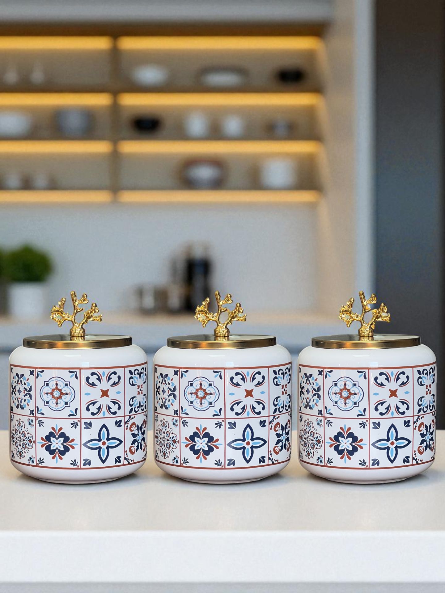 Baharatlık 3 lü Oval Büyük Boy Kahve Köşesi Seti 1400 ml (Çay,Kahve,Şeker) Ceramic Desen Gold