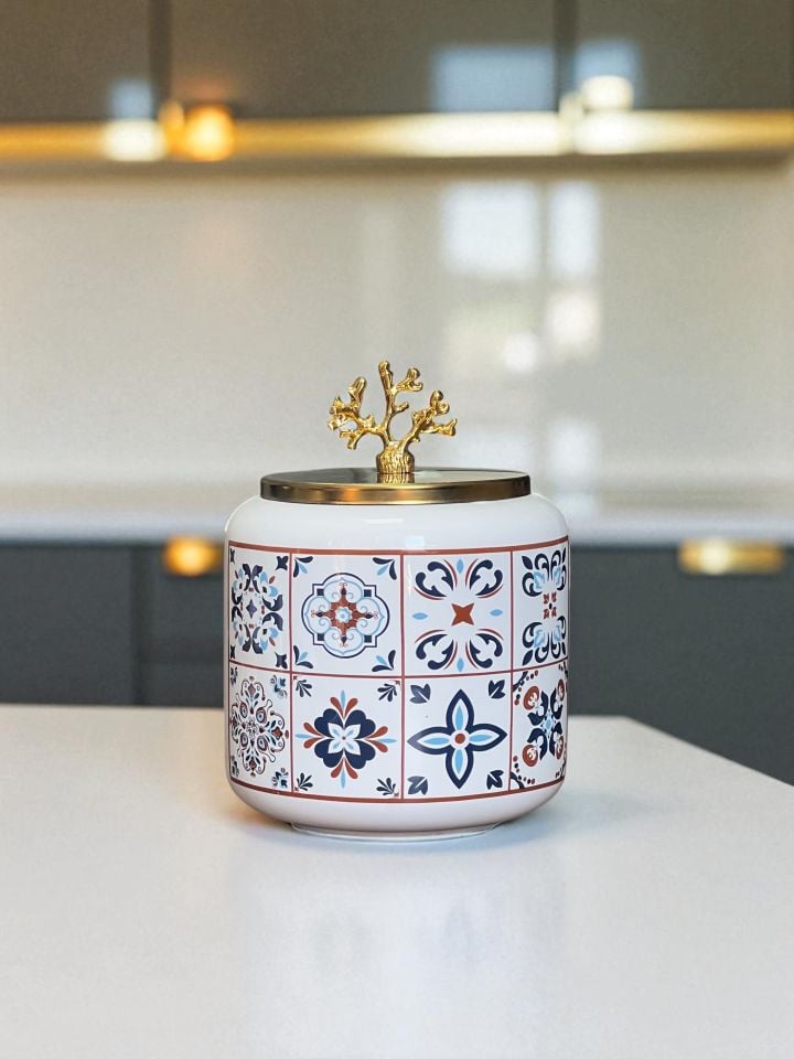 Baharatlık 3 lü Oval Büyük Boy Kahve Köşesi Seti 1400 ml (Çay,Kahve,Şeker) Ceramic Desen Gold