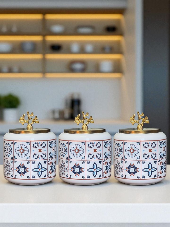 Baharatlık 3 lü Oval Büyük Boy Kahve Köşesi Seti 1400 ml (Çay,Kahve,Şeker) Ceramic Desen Gold