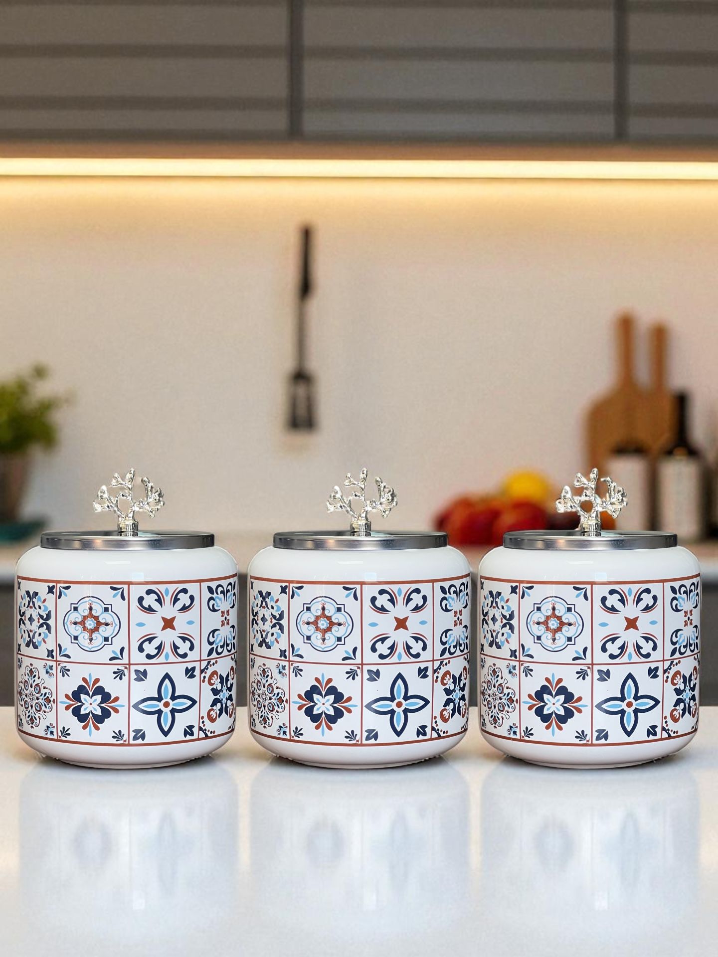 Baharatlık 3 lü Oval Büyük Boy Kahve Köşesi Seti 1400 ml (Çay,Kahve,Şeker) Ceramic Desen GÜMÜŞ