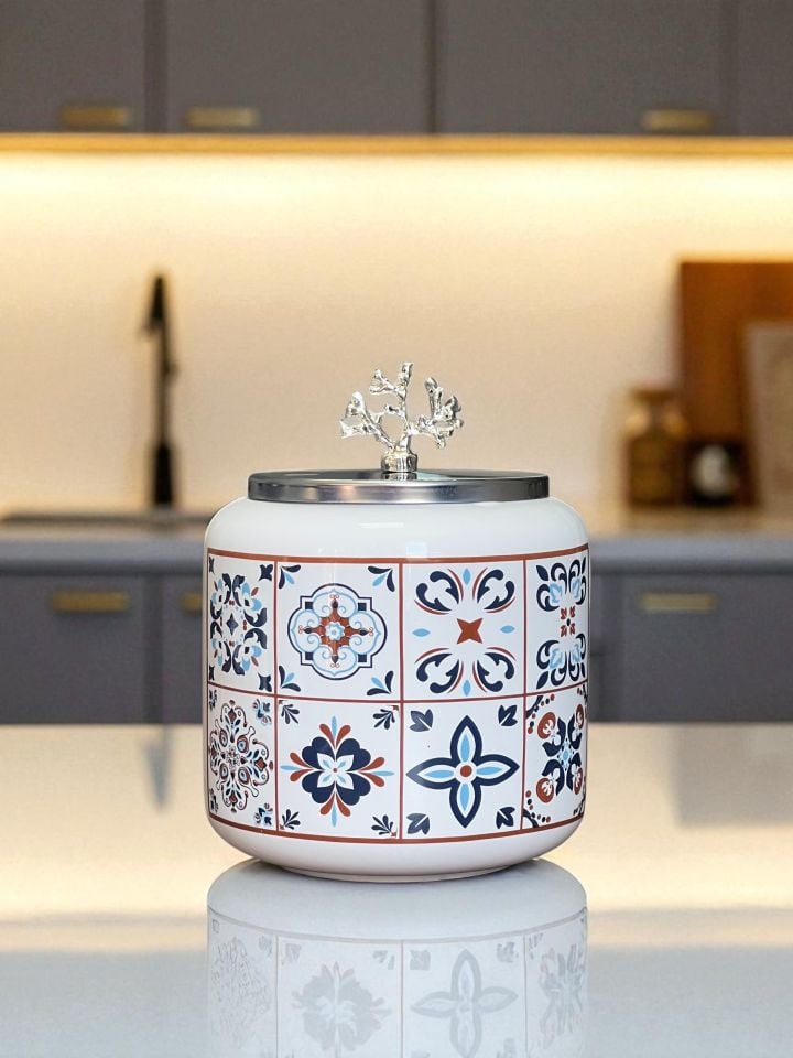 Baharatlık 3 lü Oval Büyük Boy Kahve Köşesi Seti 1400 ml (Çay,Kahve,Şeker) Ceramic Desen GÜMÜŞ