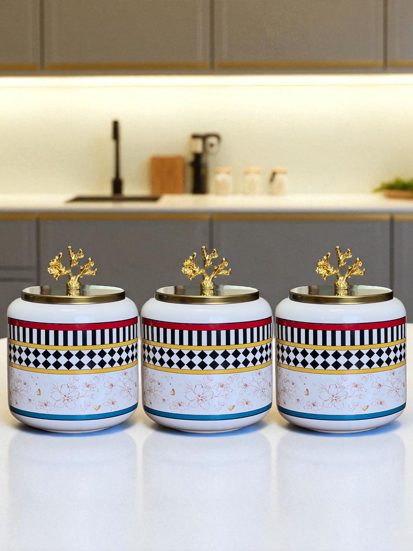 Baharatlık 3 lü Oval Büyük Boy Kahve Köşesi Seti 1400 ml (Çay,Kahve,Şeker) Kelebek Desen Gold