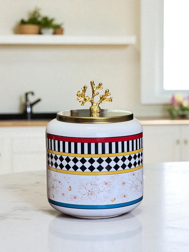 Baharatlık 3 lü Oval Büyük Boy Kahve Köşesi Seti 1400 ml (Çay,Kahve,Şeker) Kelebek Desen Gold