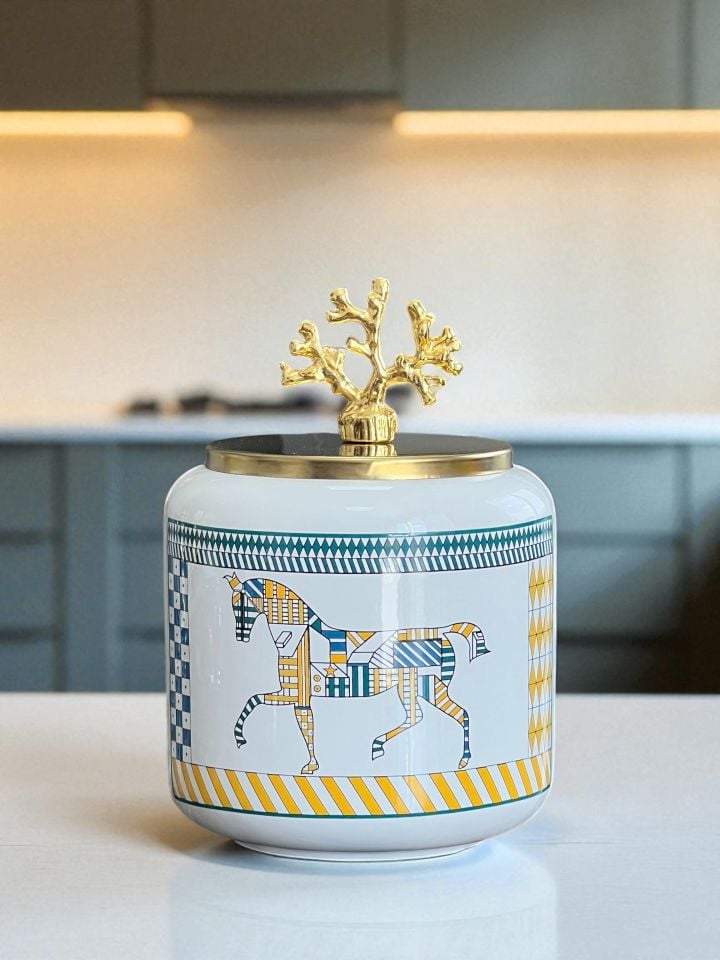 Baharatlık 3 lü Oval Büyük Boy Kahve Köşesi Seti 1400 ml (Çay,Kahve,Şeker) Sarı Geometrik At Desen Gold