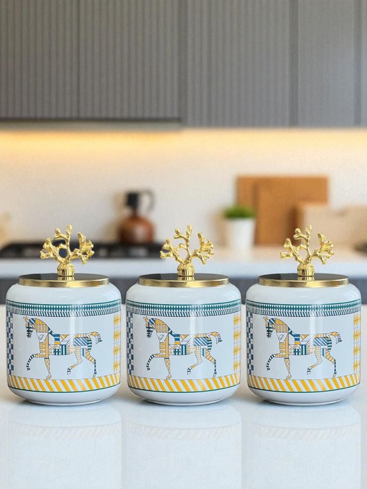 Baharatlık 3 lü Oval Büyük Boy Kahve Köşesi Seti 1400 ml (Çay,Kahve,Şeker) Sarı Geometrik At Desen Gold