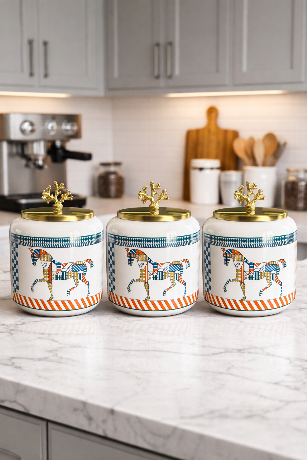 Baharatlık 3 lü Oval Büyük Boy Kahve Köşesi Seti 1400 ml (Çay,Kahve,Şeker) Sarı Geometrik At Desen Gold