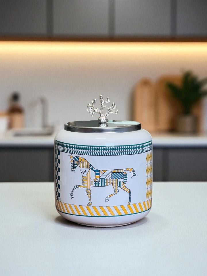 Baharatlık 3 lü Oval Büyük Boy Kahve Köşesi Seti 1400 ml (Çay,Kahve,Şeker) Sarı Geometrik At Desen GÜMÜŞ