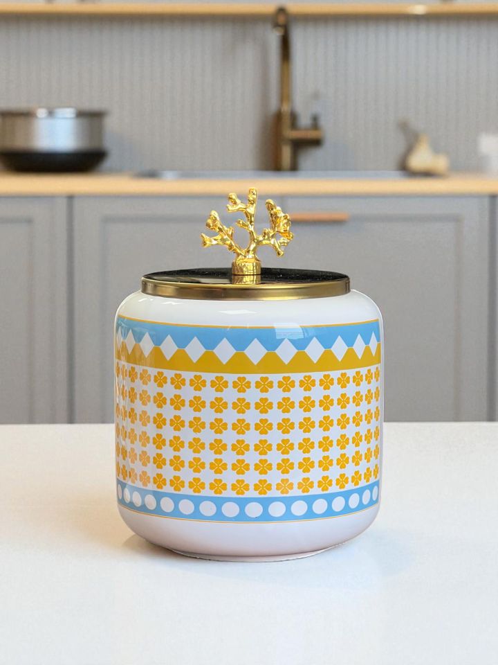 Baharatlık 3 lü Oval Büyük Boy Kahve Köşesi Seti 1400 ml (Çay,Kahve,Şeker) Geometrik Yonca Gold