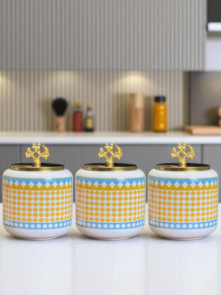 Baharatlık 3 lü Oval Büyük Boy Kahve Köşesi Seti 1400 ml (Çay,Kahve,Şeker) Geometrik Yonca Gold