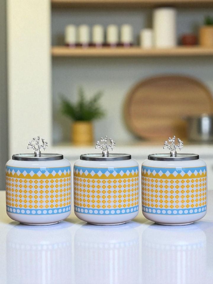 Baharatlık 3 lü Oval Büyük Boy Kahve Köşesi Seti 1400 ml (Çay,Kahve,Şeker) Geometrik Yonca GÜMÜŞ