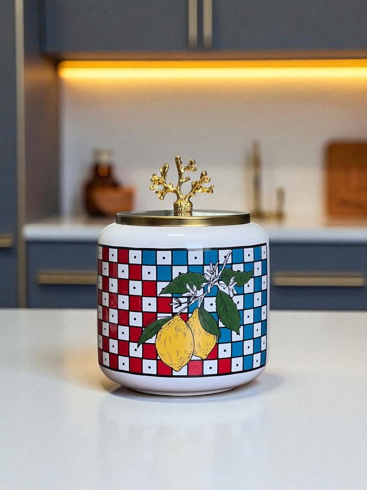 Baharatlık 3 lü Oval Büyük Boy Kahve Köşesi Seti 1400 ml (Çay,Kahve,Şeker)Damalı Limonlu  Gold