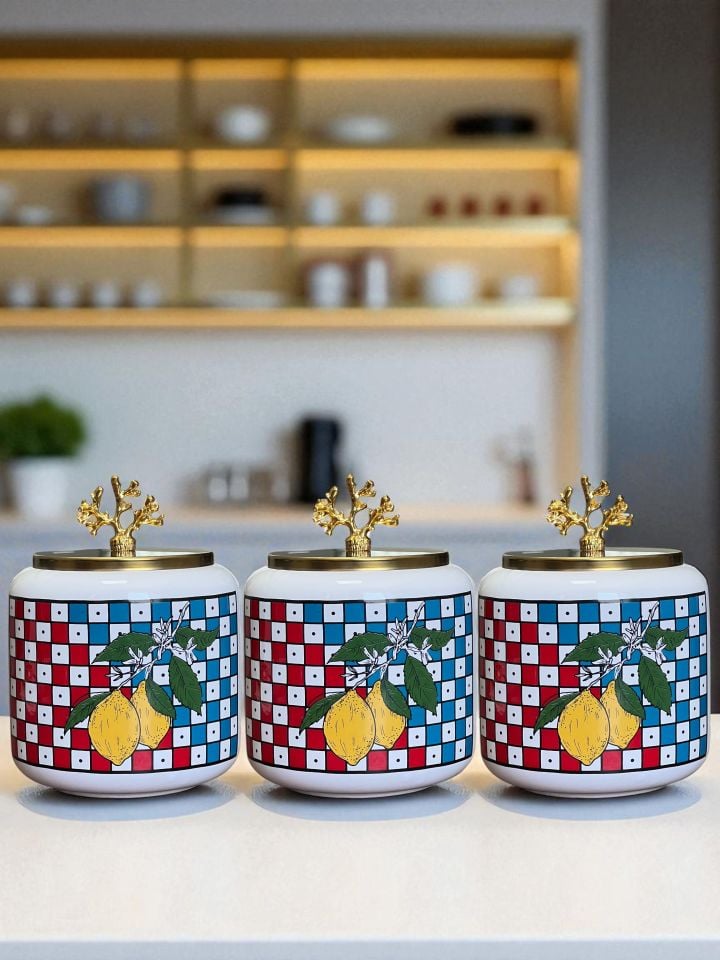 Baharatlık 3 lü Oval Büyük Boy Kahve Köşesi Seti 1400 ml (Çay,Kahve,Şeker)Damalı Limonlu  Gold