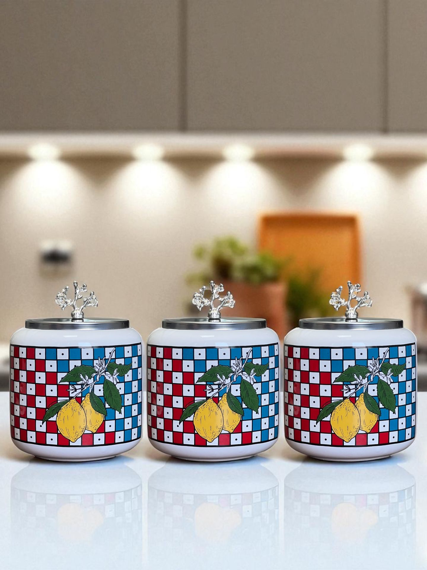 Baharatlık 3 lü Oval Büyük Boy Kahve Köşesi Seti 1400 ml (Çay,Kahve,Şeker) Damalı Limonlu GÜMÜŞ