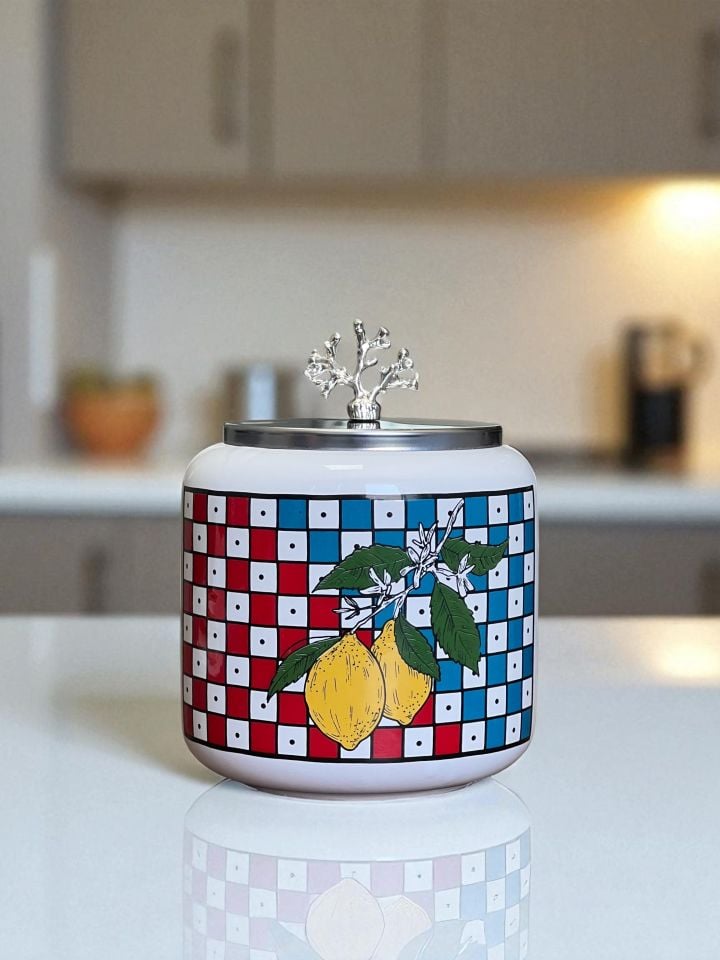 Baharatlık 3 lü Oval Büyük Boy Kahve Köşesi Seti 1400 ml (Çay,Kahve,Şeker) Damalı Limonlu GÜMÜŞ