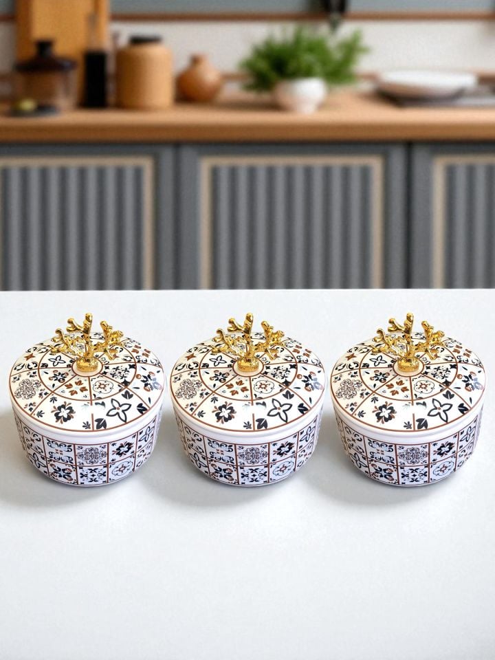 Mutfak Aksesuarı 3 lü Kahvaltılık Saklama Kabı Baharatlık Şekerlik Ceramic Desen Gold