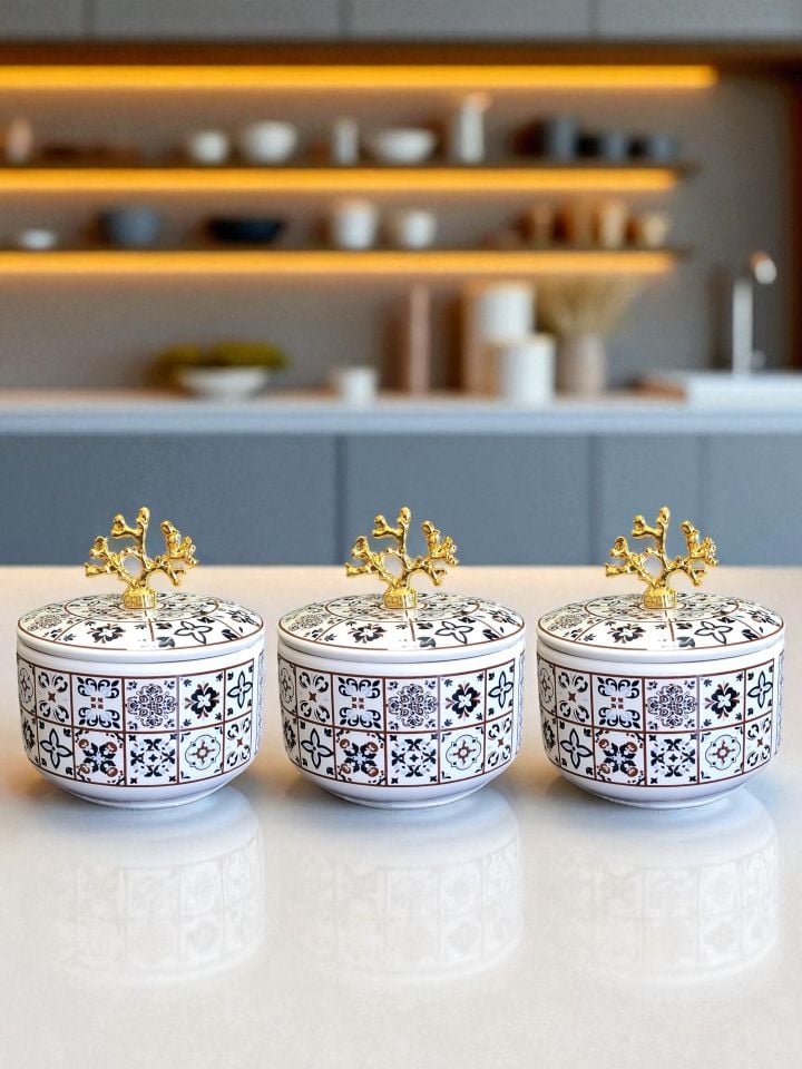 Mutfak Aksesuarı 3 lü Kahvaltılık Saklama Kabı Baharatlık Şekerlik Ceramic Desen Gold