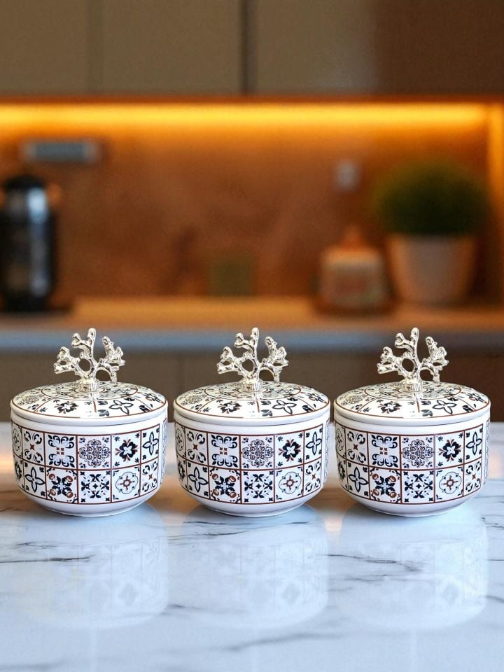 Mutfak Aksesuarı 3 lü Kahvaltılık Saklama Kabı Baharatlık Şekerlik Ceramic Desen GÜMÜŞ