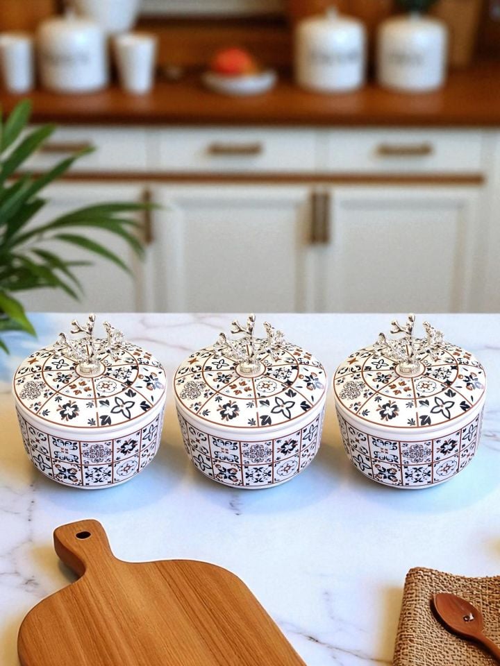 Mutfak Aksesuarı 3 lü Kahvaltılık Saklama Kabı Baharatlık Şekerlik Ceramic Desen GÜMÜŞ