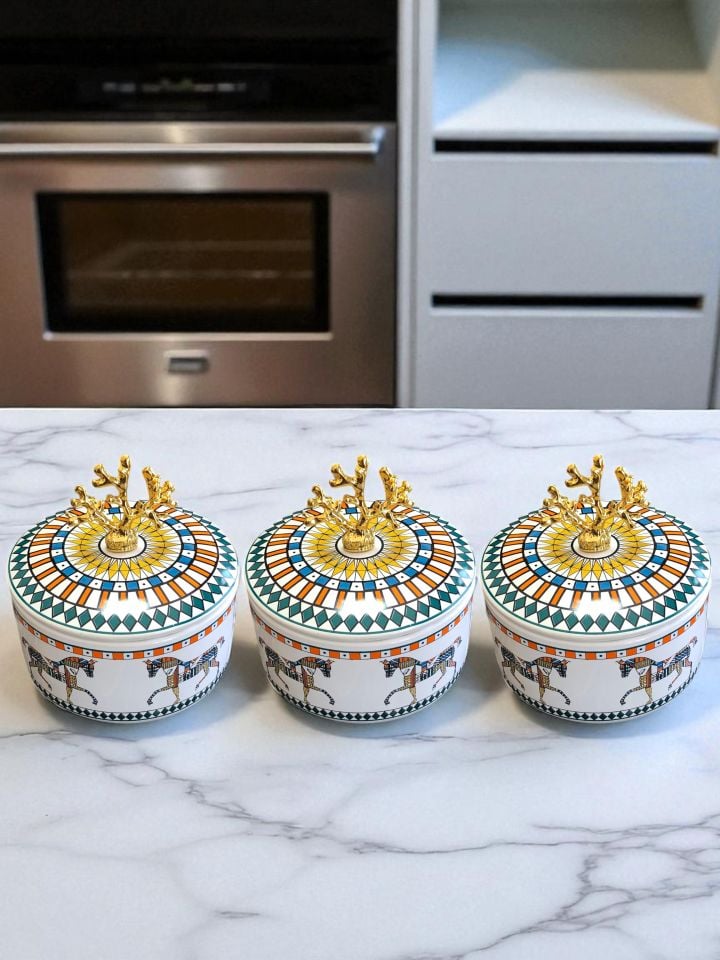 Mutfak Aksesuarı 3 lü Kahvaltılık Saklama Kabı Baharatlık Herm At Desenli Gold