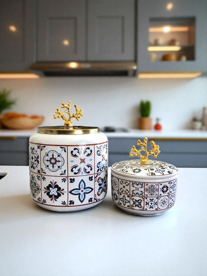 Mutfak Aksesuarı 2 li Oval Ceramic Desen Kapaklı Kutu Ceramik Desen Gold