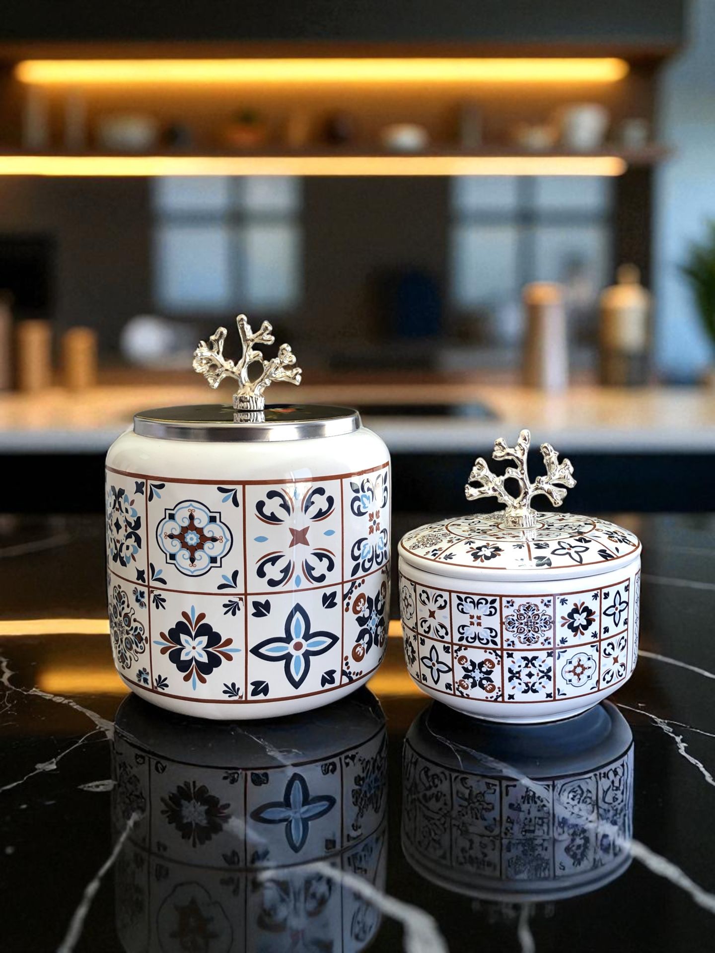 Mutfak Aksesuarı 2 li Oval Ceramic Desen Kutu Ceramik Desen GÜMÜŞ