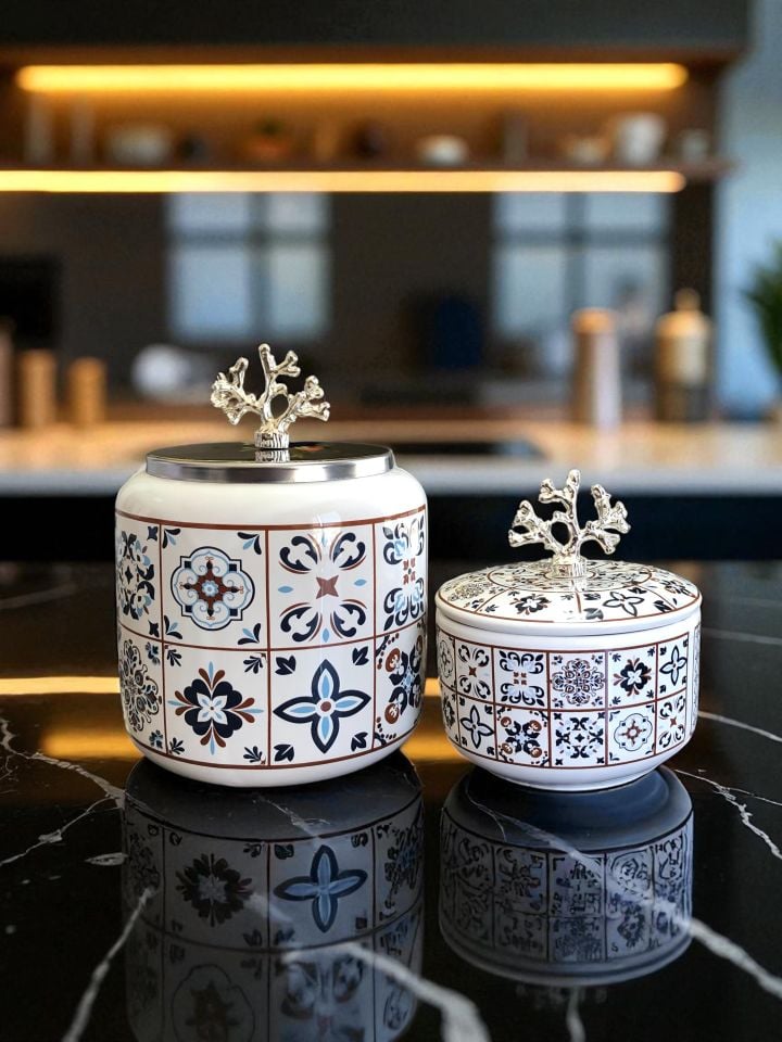 Mutfak Aksesuarı 2 li Oval Ceramic Desen Kutu Ceramik Desen GÜMÜŞ