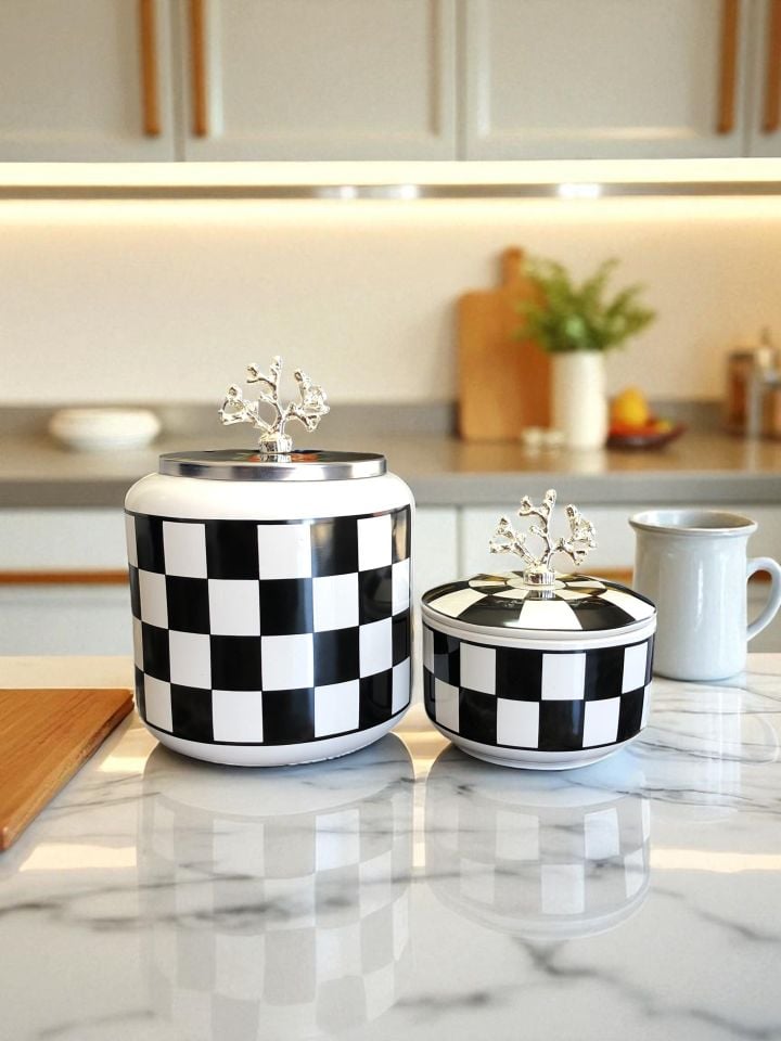 Mutfak Aksesuarı 2 li Oval Siyah Damalı Kutu Siyah Damalı GÜMÜŞ