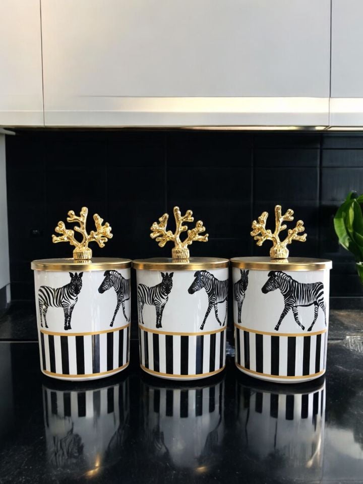 Baharatlık Silindir 3 lü Set Kahve Köşesi Zebra At Desenli Gold Mercan