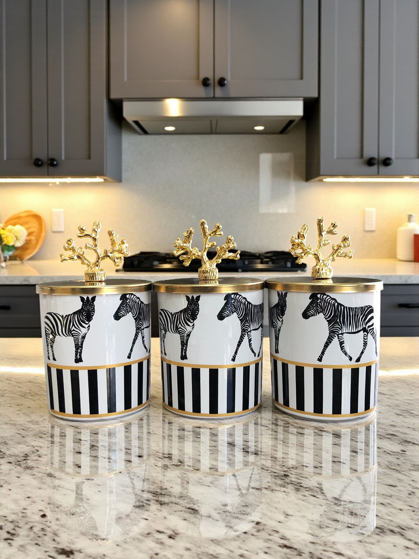 Baharatlık Silindir 3 lü Set Kahve Köşesi Zebra At Desenli Gold Mercan