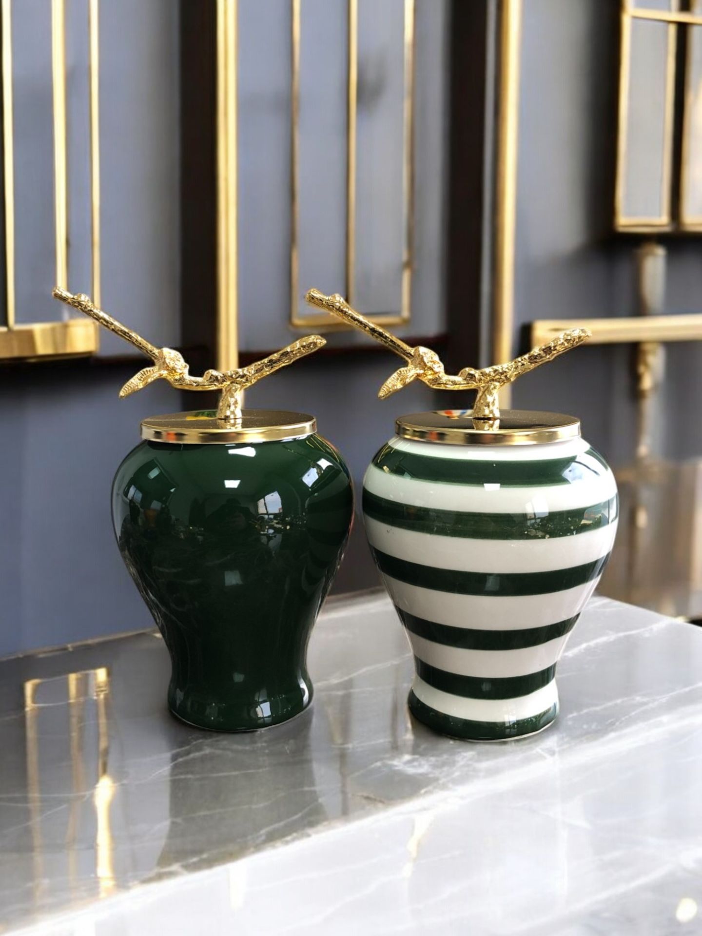 Dekoratif Obje Şah Küp 2 li Gold Dal Zamaklı Yeşil Klasik Zebra