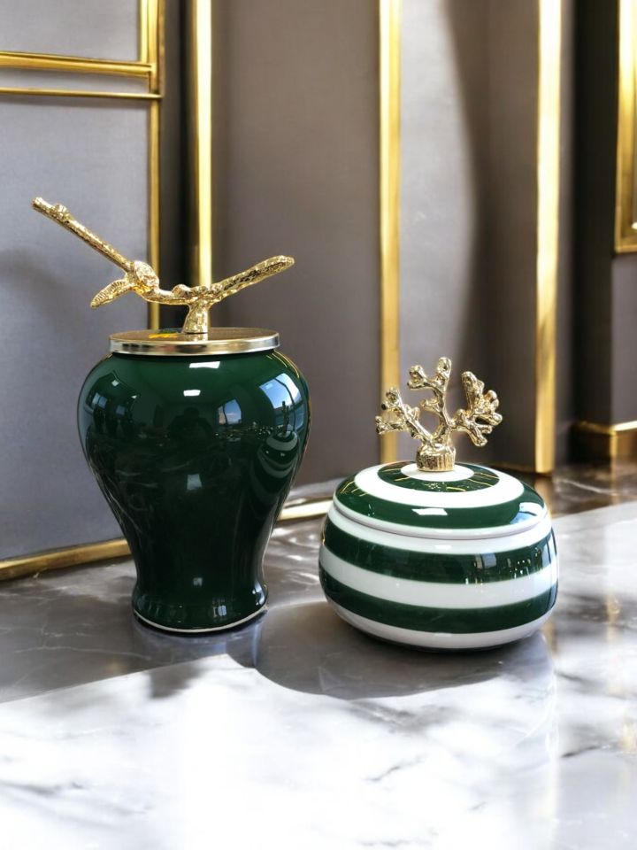 Dekoratif Obje Gold Dallı Yeşil Şah Küp Mercan Zamaklı Klasik Zebra Obje