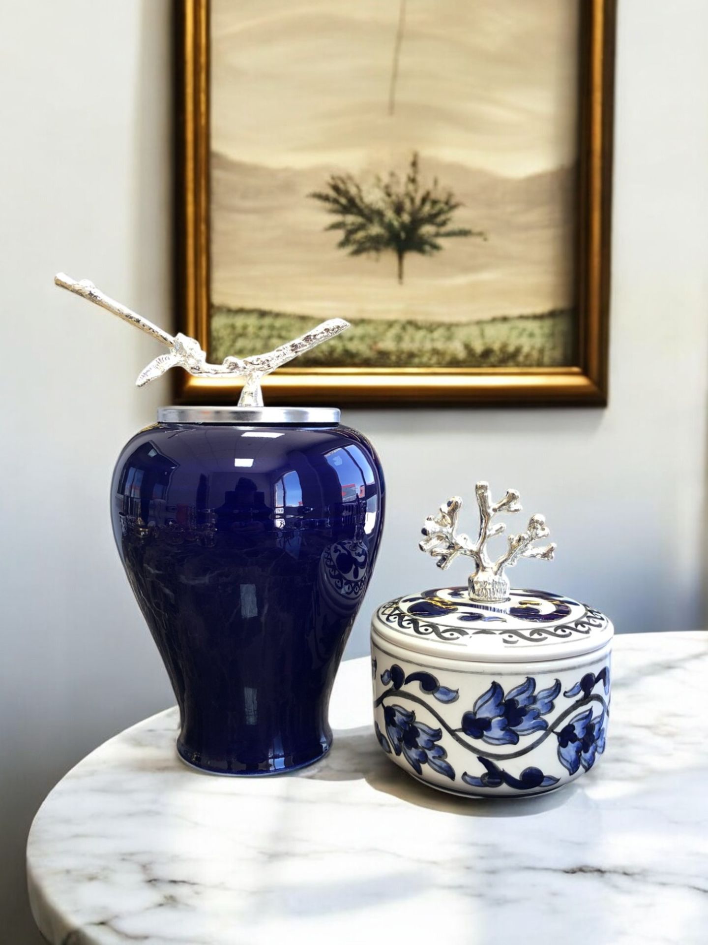 Dekoratif Obje Lacivert Şah Küp Mercan Zamaklı Mavi Çiçekli Obje Gümüş