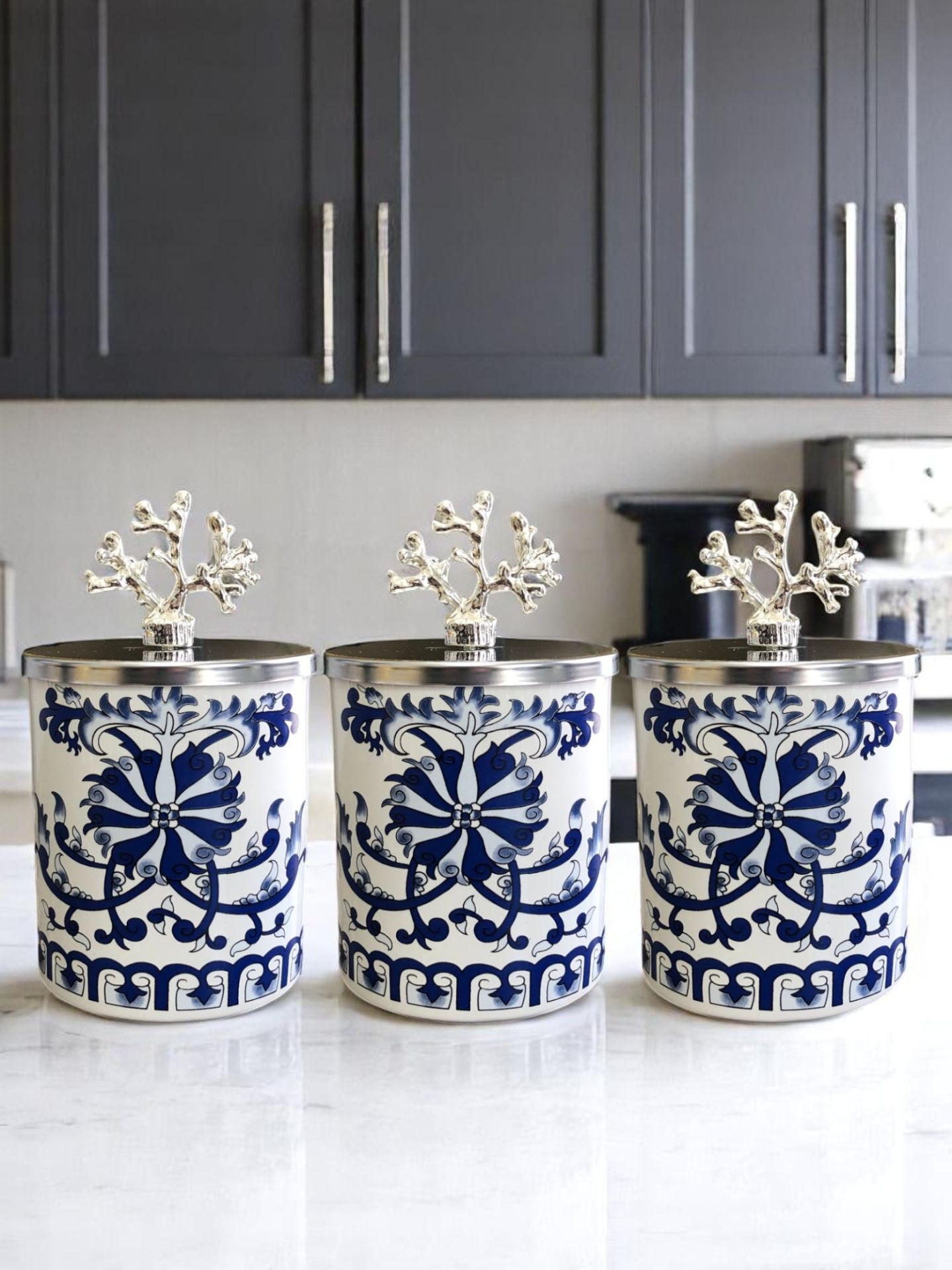 Baharatlık Silindir 3 lü Set Kahve Köşesi Mavi Çiçekli GÜMÜŞ Mercan 750 ml Hacimli