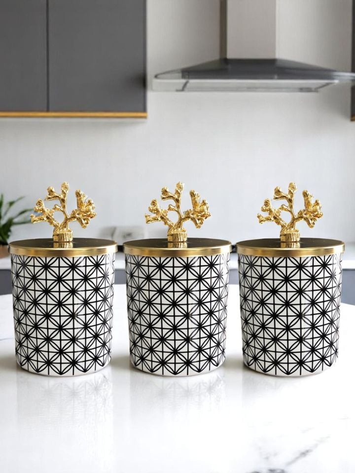 Baharatlık Silindir 3 lü Kahve Köşesi Seti Lonca Desen Siyah 750 ml Hacimli Gold