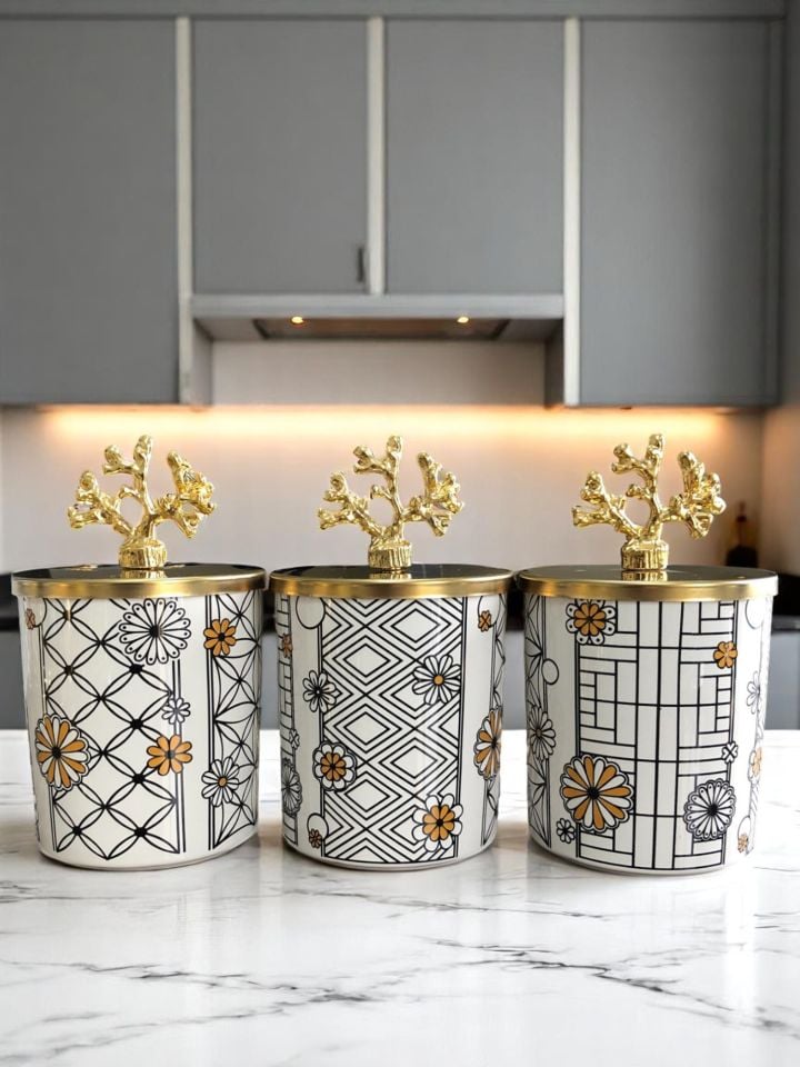 Baharatlık Silindir 3 lü Kahve Köşesi Seti Hasır Desenli Siyah 750 ml Hacimli Gold