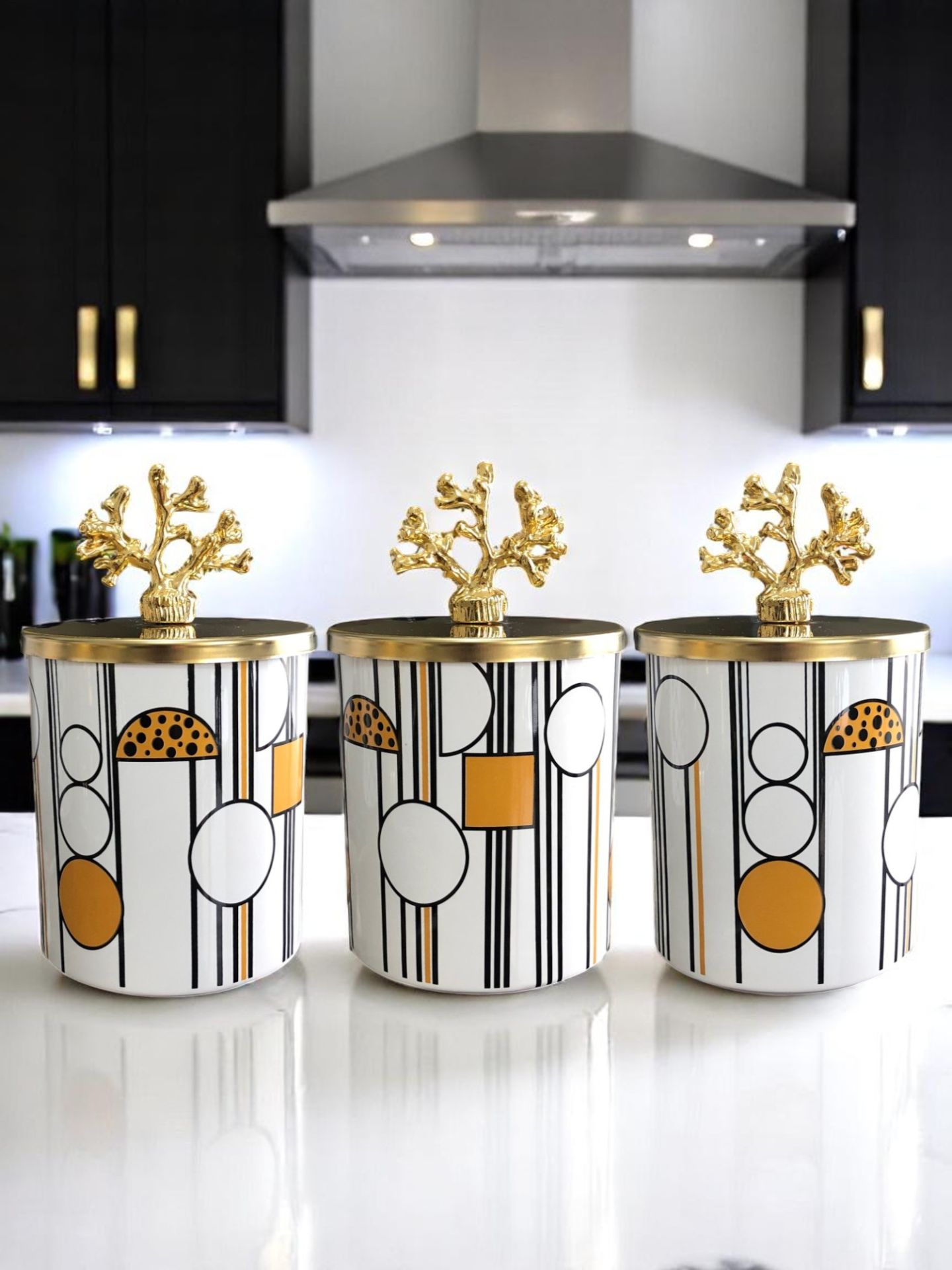 Baharatlık Silindir 3 lü Kahve Köşesi Seti Geometrik Desenli Siyah 750 ml Hacimli Gold