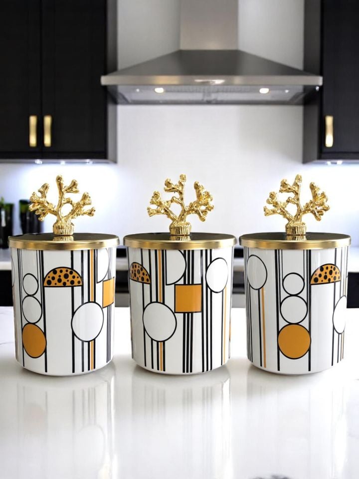 Baharatlık Silindir 3 lü Kahve Köşesi Seti Geometrik Desenli Siyah 750 ml Hacimli Gold