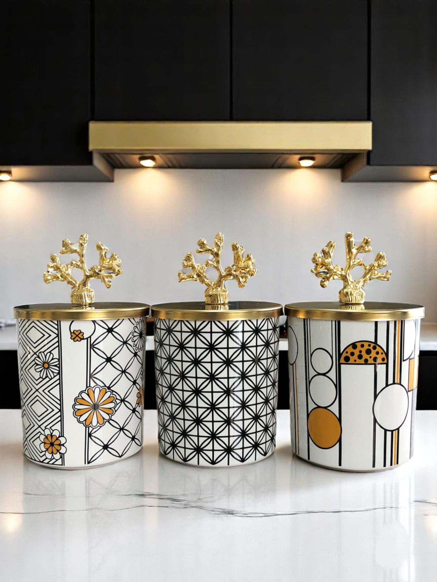 Baharatlık Silindir 3 lü Kahve Köşesi Seti Karma Desenli Siyah 750 ml Hacimli Gold