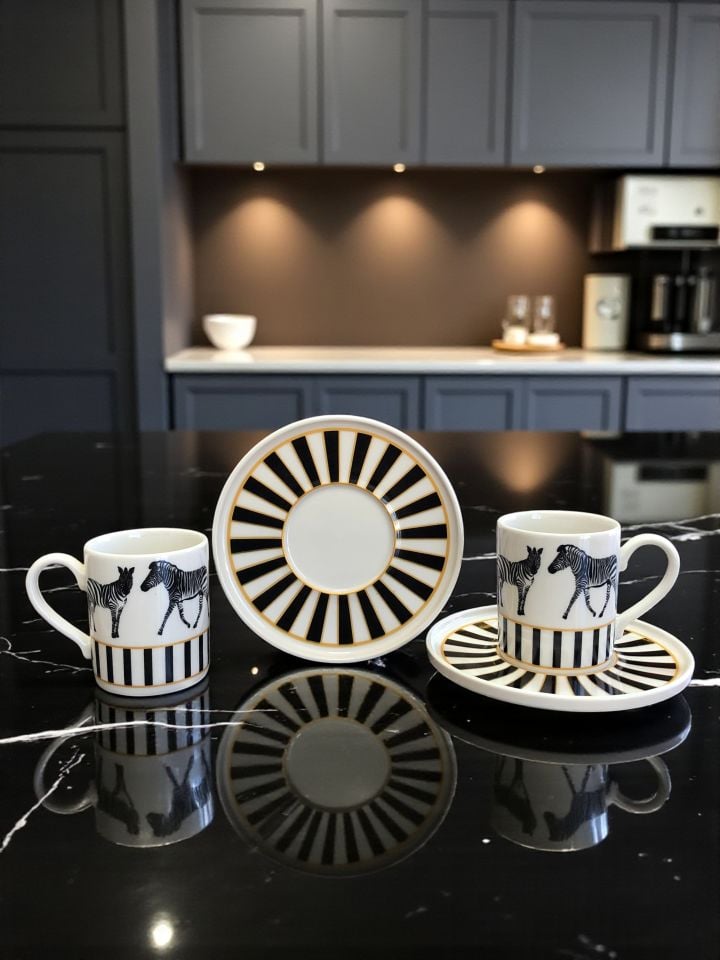 Porselen Kahve Fincan Seti 2 Kişilik Zebra At Desen