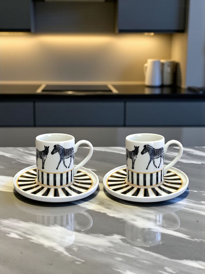 Porselen Kahve Fincan Seti 2 Kişilik Zebra At Desen