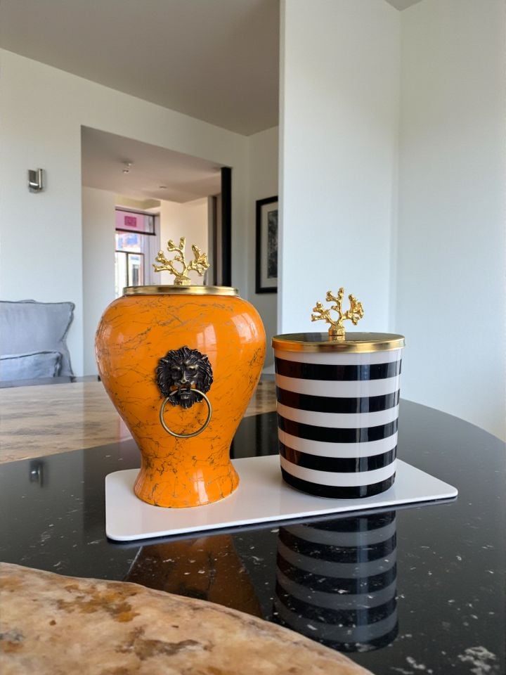 Dekoratif Obje Aslanlı Soft Sarı Gold Mermer Silndir Siyah Klasik Zebra